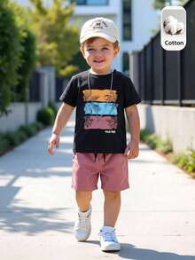 SHEIN Streecool Kids 男童热带椰树印花短袖T恤和短裤套装，休闲度假及日常穿着 - 黑色 - 查看 4