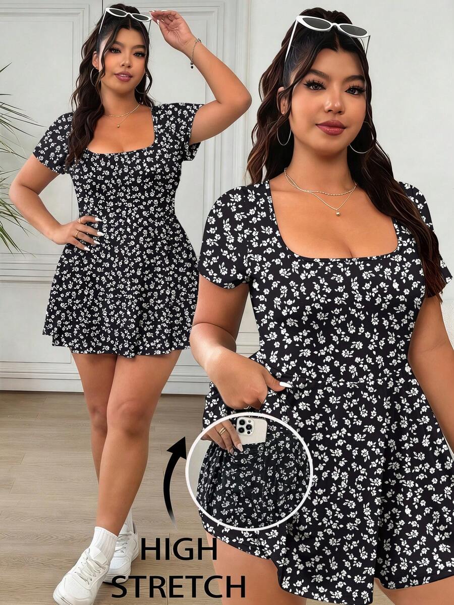 SHEIN EZwear 大码女式休闲碎花圆领短袖连体裤,夏季 - 彩色 - 查看 1