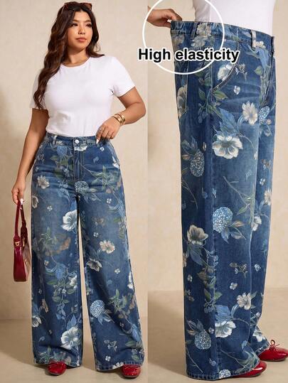 Travachic Quần jean denim nữ cỡ lớn in hoa, có túi và cúc