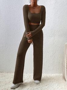 EURMUSE Cotton 2pcs/Set Ribbed Short Sleeve T-Shirt & Long Pants Outfits - Dark Grey - View 3