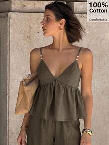 Siren Gaze Women's Solid Color Minimalist Camisole Top And Pants 2 Pieces Set - Army Green - View 6