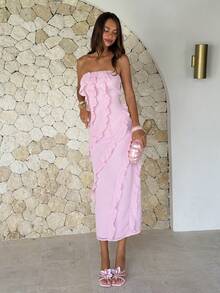 Aloruh Women's Summer Beach Day Party Date Wedding Romantic Elegant Soft Pink Voluminous Ruffled Hem Strapless Dress - Pink - View 4