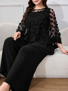 Modelyn 两件套加大码女装藏蓝色3D立体花卉装饰网纱拼接圆领上衣和纯色阔腿裤，适合派对、婚礼、正式场合、晚宴等场合。 - 黑色 - 查看 5