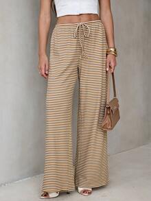 SHEIN Tall Quần ống rộng kẻ sọc màu nâu retro tối giản, thoải mái dành cho nữ, cạp thấp, có dây rút, kiểu dáng giản dị, thích hợp mặc ở nhà, bộ đồ hai mảnh gồm quần dài và quần ống rộng, bộ đồ mùa hè kẻ sọc. - Màu be - Xem 4
