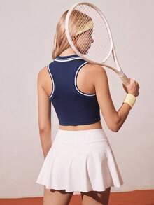 CourtClass CourtClass 撞色条纹修身无袖Polo衫 女士运动衫 女士运动服 女装 运动女装 高尔夫套装 女士运动服 - 藏蓝色 - 查看 2