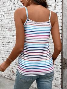 SHEIN PETITE Women's Knitted Multicolor Striped Camisole Tank Top With Button,Blue And White Stripe,Summer,Boho,Casual,Vacation,Parties,Dates,Workwear,Business - Multicolor - View 2