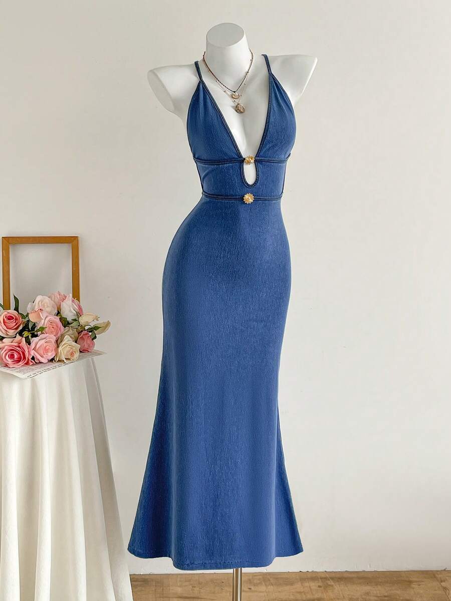 Mori Grove Mori Grove Women's Deep V-Neck Metal Decor Sexy Fishtail Hem Spaghetti Strap Denim Dress - Blue - View 1