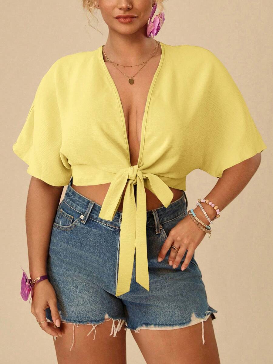 Travachic Plus Size Summer Minimalist Solid Color Front Knot Batwing Sleeve Shirt - Light Yellow - View 1