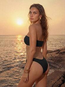 Anewsta Solid Color Bikini Swimming Suit For Beach Vacation, Strapless, Wireless For Summer - Black - View 4