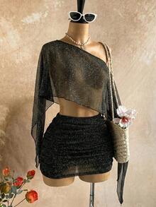 Nuevo conjunto sexy de fiesta con parte superior suelta asimétrica de hombro con lentejuelas doradas transparentes y falda mini fruncida de cintura baja, estilo bohemio, de vacaciones, vintage, para la playa, crucero - Negro - Ver 5