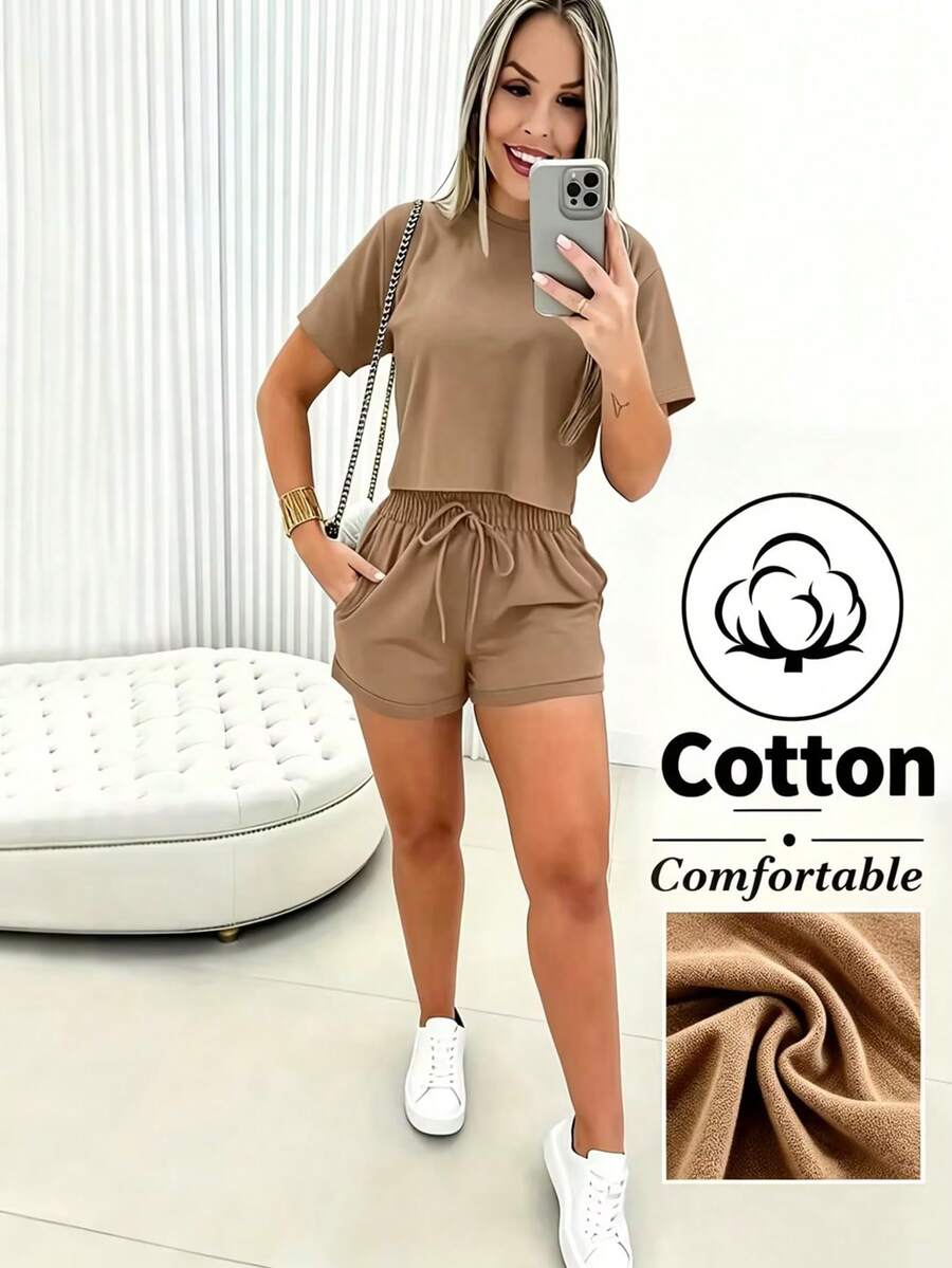 Selamara 2pcs/Set Women Casual Brown Round Neck Short Sleeve T-Shirt And Shorts Set - Mocha Brown - View 1