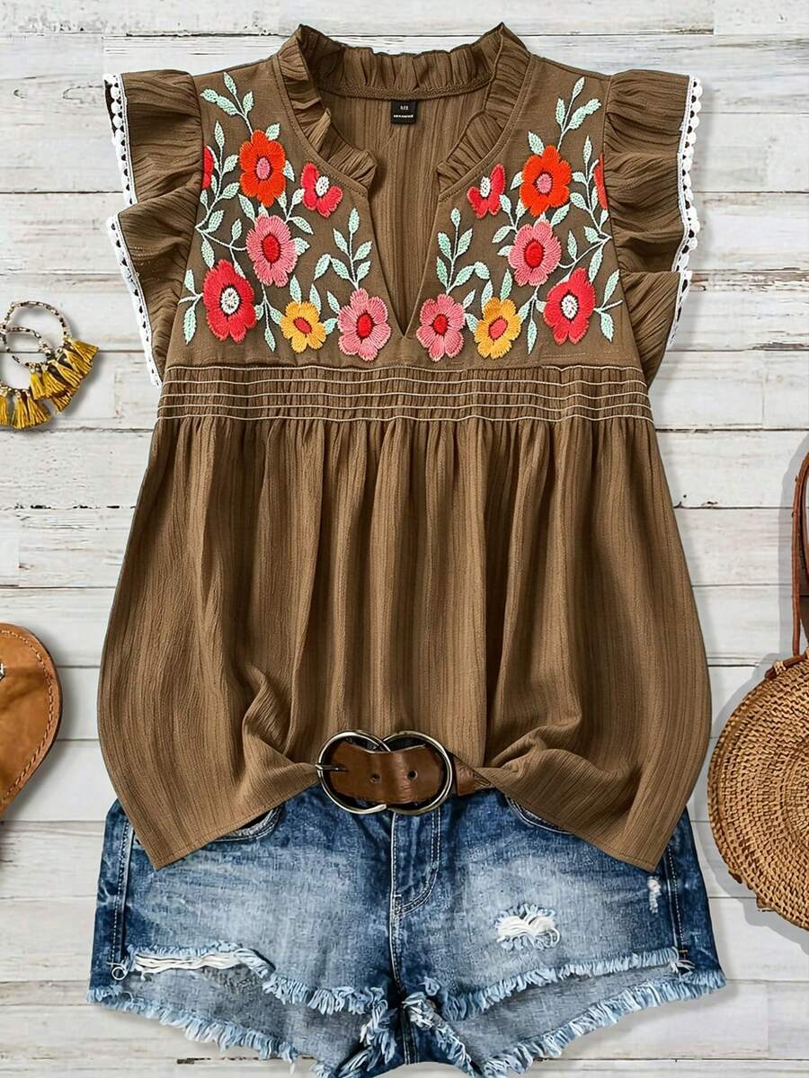 Linhara Plus Size Women Summer Floral Print Ruffle Trim Notched Neck Cap Sleeve Blouse - Brown - View 1