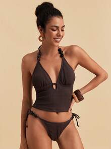 Travachic Women's Solid Color Minimalist Sexy Daily Swimwear Set Beach Party Vacation Chocolate Brown Summer - Brown - View 3