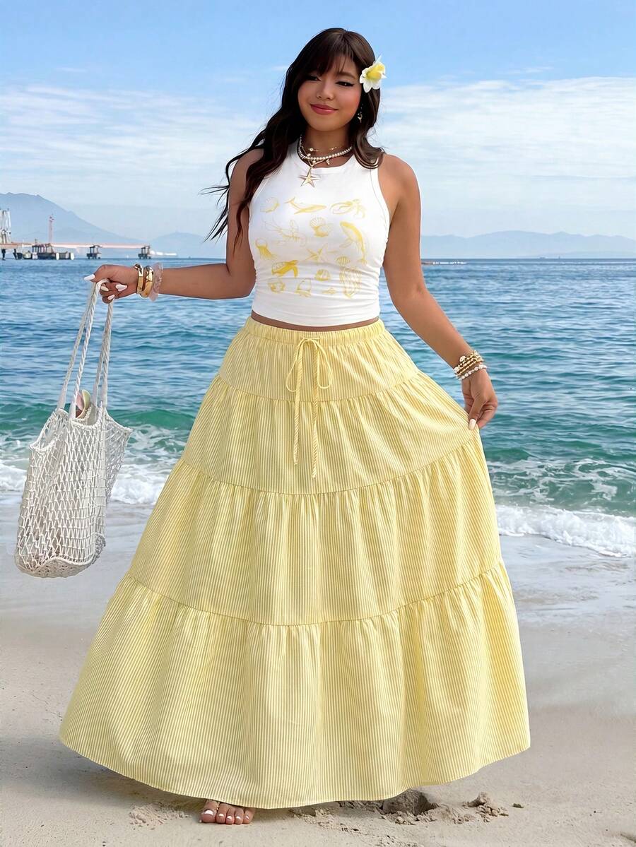 GalTyme 浅黄色加大码女装春夏海星印花上衣和中长裙两件套 - 鵝黃色 - View 1