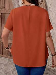 EMERY ROSE Plus Size V-Neck Ruched Short Sleeve Burnt Orange Summer Tops,Casual Solid Dressy Top For Women,Smart Casual Everyday Work,Country Vacation Outfits - Rust Brown - View 2