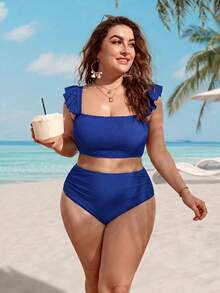 Swim Lushoire Plus Size Solid Color Minimalist Daily Wear Square Neck Cap Sleeve Swimwear - Royal Blue - View 6