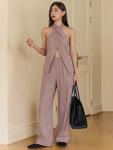 DAZY 2 piezas Conjunto informal de mujer con top halter sin espalda a rayas y pantalones, conjunto de ropa de descanso para mujer en verano - Óxido marrón - Ver 4