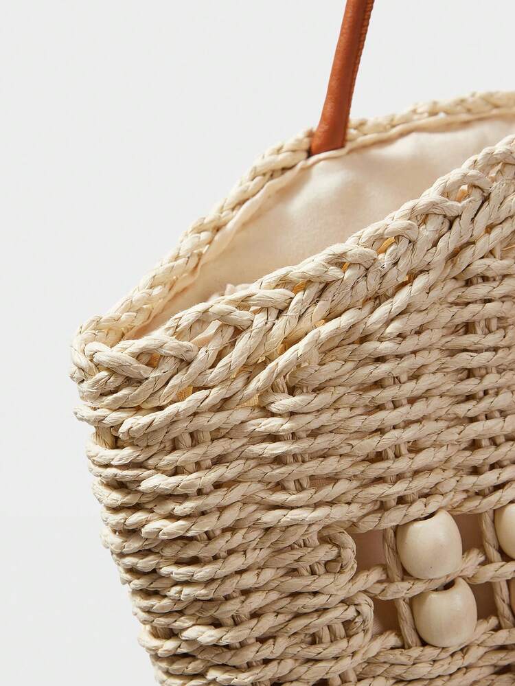 WOMEN'S TOTE BAG, CASUAL VACATION BEADED, WOVEN FRINGED SHOULDER BAG.