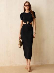 CielaLinda Vestido midi de punto con abertura y decoración, de manga corta para mujer - Negro - Ver 5
