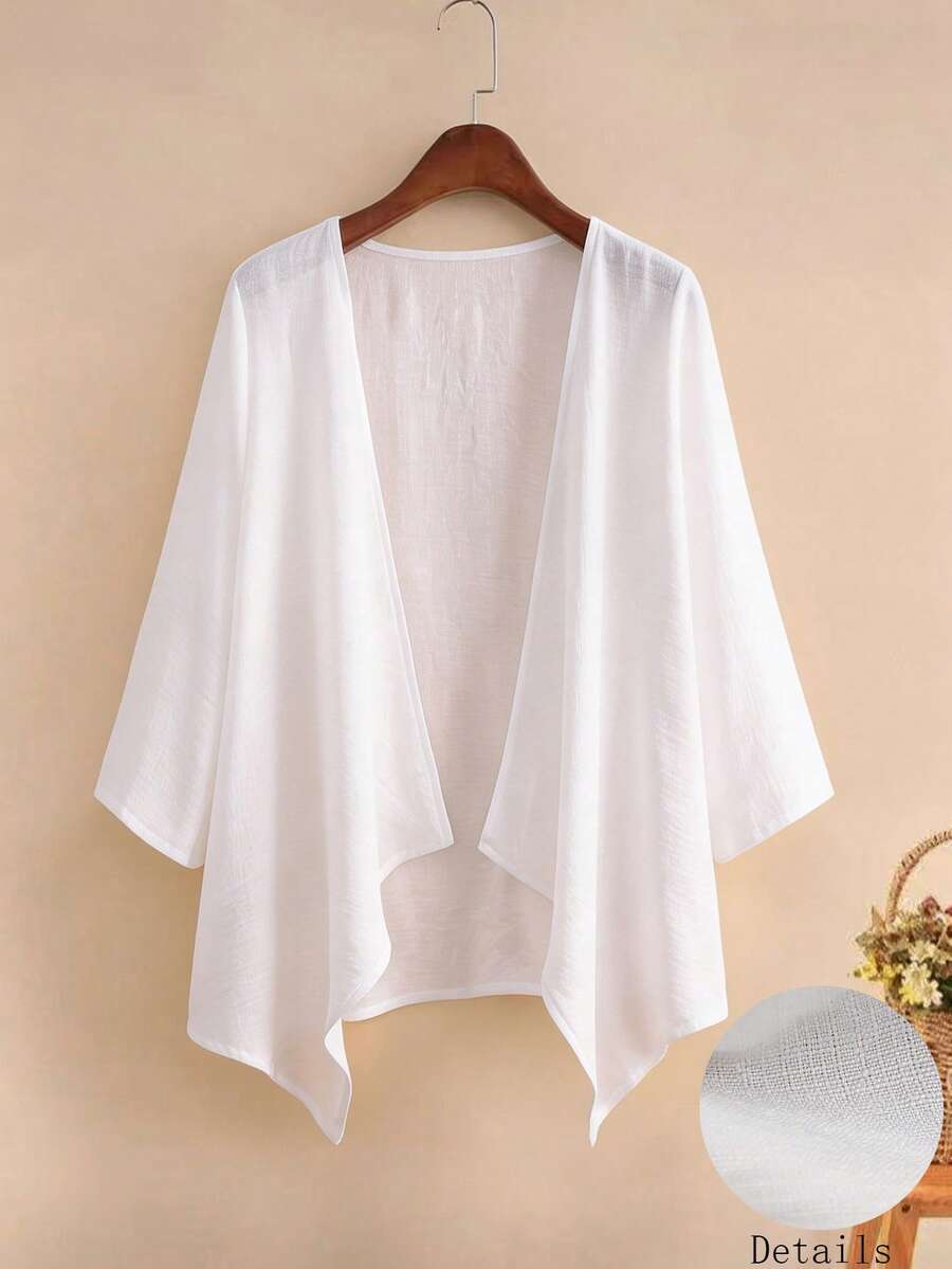 Qadelle Áo khoác nữ tay lửng 3/4, ve áo bất đối xứng, chất liệu pha lanh, nhẹ, thích hợp cho mùa xuân/hè, kiểu dáng thường ngày, thích hợp cho kỳ nghỉ. - Màu be - Xem 1