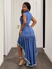 BamGleam Vestido de mezclilla para mujer con abertura alta - Azul - Ver 2