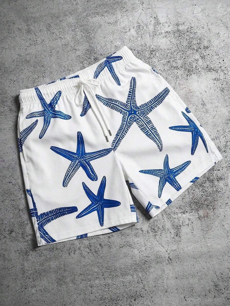Manfinity EMRG Men's Starfish Print Drawstring Waist Pocket Beach Shorts Men Matching Swim Trunks Swim Trunks For Men Beachwear For Men Men Swim Trunks Shorts Men Swim Trunks Plus Starfish Men Swim Trunks, Hawaiian - Blue - View 1