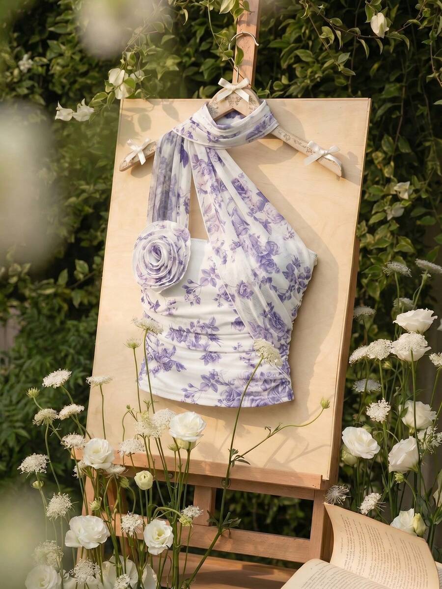 SHEIN MOD Damen Ärmellose Blumen Muster Dekorative Bluse für den Urlaub - Mauve - Übersicht 1