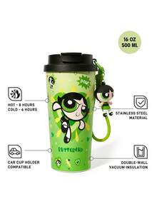 THE POWERPUFF GIRLS X SHEIN 500ml /16 Oz 真空隔熱不鏽鋼杯，1個防漏蓋，適用於熱飲/冷飲，適用於大多數杯架 - 綠色 - 查看 3