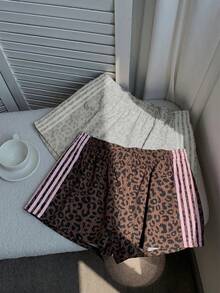 SHEIN EZwear 大码女式休闲条纹豹纹弹力腰短裤 - 彩色 - 查看 5