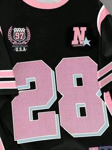 SHEIN Sparklyn 女童 Tech Youth 系列拼色數字 28 印花運動 T 恤，粉黑配色夏季休閒校園返校男孩女孩青少年 T 恤球衣 - 彩色 - 查看 4