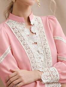 Anewsta Women's Spring Top, Work , Vintage Stand Collar Heavy Water-Soluble Lace Patchwork Pearl Button Blouse, Suitable For Dating, Dinner, Party Top - Pink - View 3