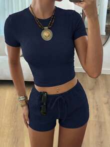 SHEIN EZwear 藏蓝色针织女式短袖上衣和短裤休闲家居服套装 - 藏蓝色 - 查看 7