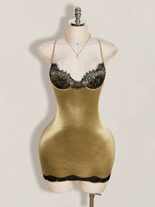 SHEIN ICON 女款對比蕾絲貼身金色性感細肩帶迷你洋裝 - 金色 - 查看 10