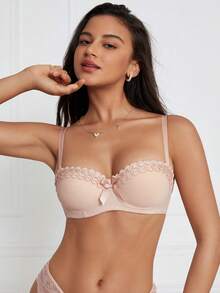 DesireSculpt Contrast Lace Bow Front Bra Lingerie - Apricot - View 7