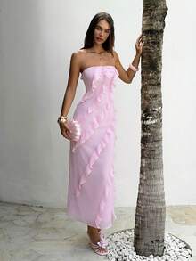 Aloruh Women's Summer Beach Day Party Date Wedding Romantic Elegant Soft Pink Voluminous Ruffled Hem Strapless Dress - Pink - View 7
