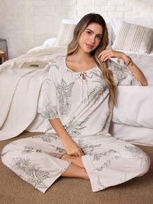 Serenescape Women's Elegant Printed Bubble Crinkle Loose Pajama Set - Green - View 1