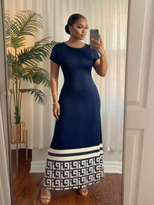 SHEIN Lady CURVE Plus Size Round Neck Short Sleeve Striped Casual Long Dress For Summer - Multicolor - View 5