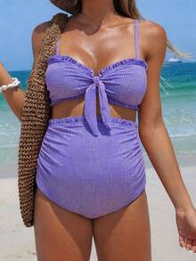 Swim Vcay 25SS Summer Beach Casual Plaid Maternity Bikini Set - Purple - View 4