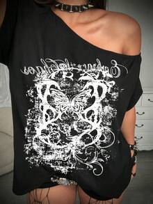 Whyspr Camiseta ajustada con estampado de encaje y patchwork, ideal para festivales como Coachella - Negro - Ver 3