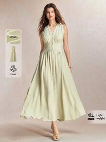 BizChic Green Women's Long Dress V-Neck Sleeveless Fitted Waist Elegant Casual Vacation Party Date Wedding Guest Independence Day Graduation Season Music Festival Slimming Elegant Versatile High-End Summer Social Holiday Gathering Outing Beach Office Daily French Vintage Minimalist Fresh - Green - View 1