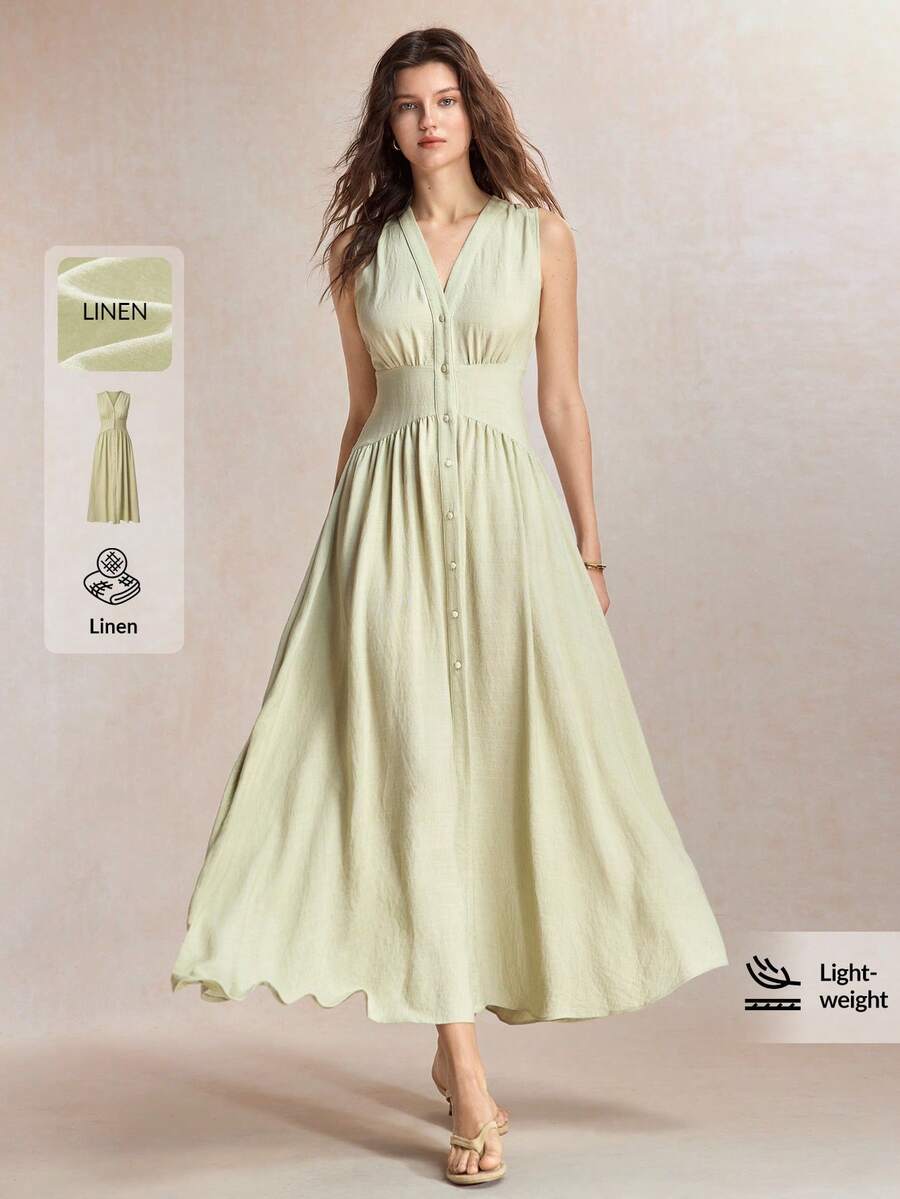 BizChic Green Women's Long Dress V-Neck Sleeveless Fitted Waist Elegant Casual Vacation Party Date Wedding Guest Independence Day Graduation Season Music Festival Slimming Elegant Versatile High-End Summer Social Holiday Gathering Outing Beach Office Daily French Vintage Minimalist Fresh - Green - View 1