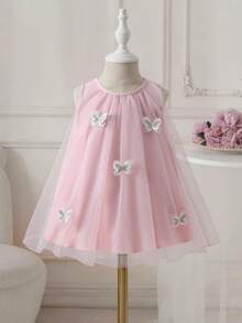 SHEIN Glamorique Kids 女婴甜美梦幻粉色网纱连衣裙，饰有精致可爱的3D蝴蝶结，适合外出、度假、各种场合的拍照，夏季连衣裙，夏季服装 - 粉色 - 查看 2