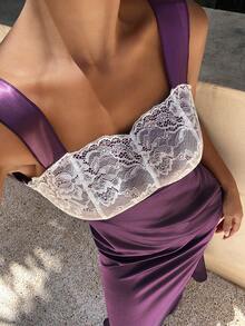 Livesso Women's Contrast Lace Thick Strap Elegant Mermaid Nightgown - Purple - View 1