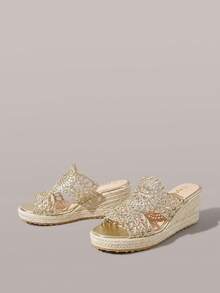 Styleloop Giày nữ, màu vàng kim, giày rơm đan bằng dây gai dầu, dép đế xuồng, giày cao gót giúp tăng chiều cao, phong cách bohemian cho kỳ nghỉ. - Vàng - Xem 4