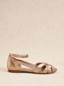 Rosivie Giày sandal nữ đế bằng dệt rỗng màu sâm panh ánh kim, có khóa cài, đế mềm chống trơn trượt, kiểu dáng La Mã cổ điển với chất liệu da màu vàng, thích hợp đi làm hàng ngày, đi nghỉ mát hoặc đi biển. - Rượu sâm banh - Xem 9