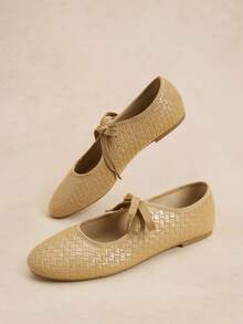 Rosivie Sepatu Flat Tenun Bertali Ujung Bulat Elegan Gaya Prancis untuk Wanita, Cocok untuk Natal. - Warna pasir basah - View 12