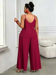 Villa Velisse Plus Size Fashion Casual Lace Camisole + Plus Size Fashion Casual Loose Pants - Red - View 2