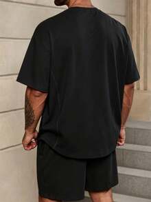 Manfinity Dauomo Men's Casual Contrast Color Round Neck Raglan Sleeve T-Shirt And Shorts Set, Summer - Black - View 2