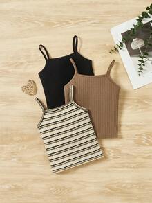 SHEIN Set de 3 piezas de camisetas de tirantes de punto con bloques de color y rayas + unicolor para niña joven - Multicolor - Ver 5