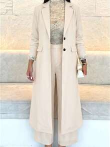 Shopreo Deep Grey Lapel Wide Strap Long Women Suit Pants Set Fall Cloth For Women - Apricot - View 4